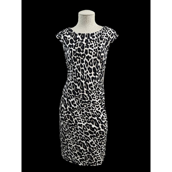 ALK Women's 14 Catherine Malandrino Cheetah Asymmetrical Ruched Sheath Dress EUC - Picture 1 of 10